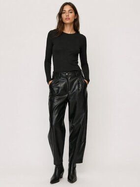 ZARA Black Faux Leather Relaxed Tapered Trousers High Waist Women’s Size 6
